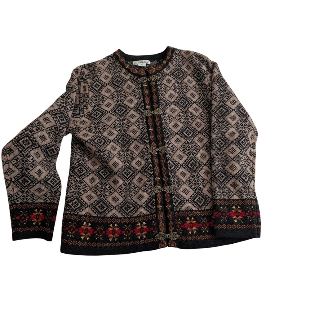 Susan Bristol 100% Wool Cardigan Sweater Brown Black Button Front Women's M‎
